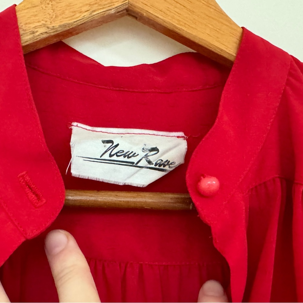 Vintage A-Line Midi Dress Size S Sheer Elastic Waist Solid Red Retro Feminine - Picture 7 of 11